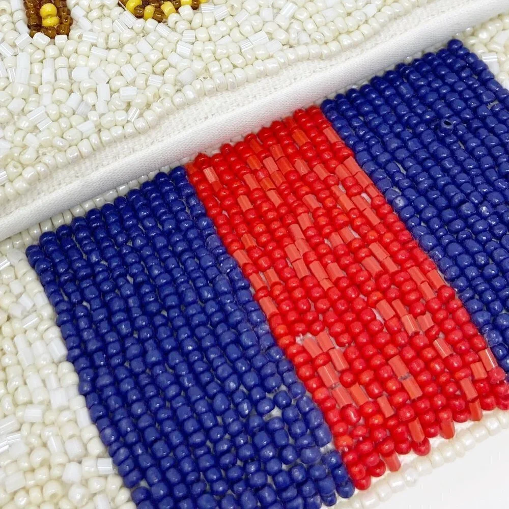 Gold & Pink Bee on Ivory Blue Red Stripe Beaded Clutch